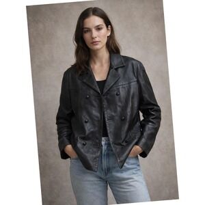 Vintage Goldskin Brussels Black Leather Double Breasted Jacket Coat Mens L